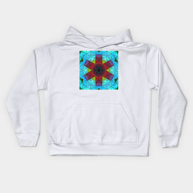 Mosaic Kaleidoscope Flower Red Blue and Green Kids Hoodie by WormholeOrbital